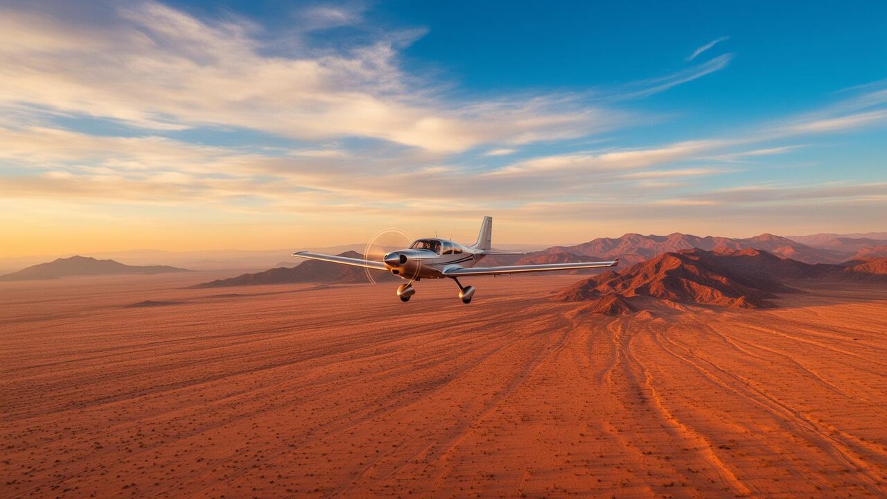 Experimental aircraft flying over the Mexican desert at golden hour
